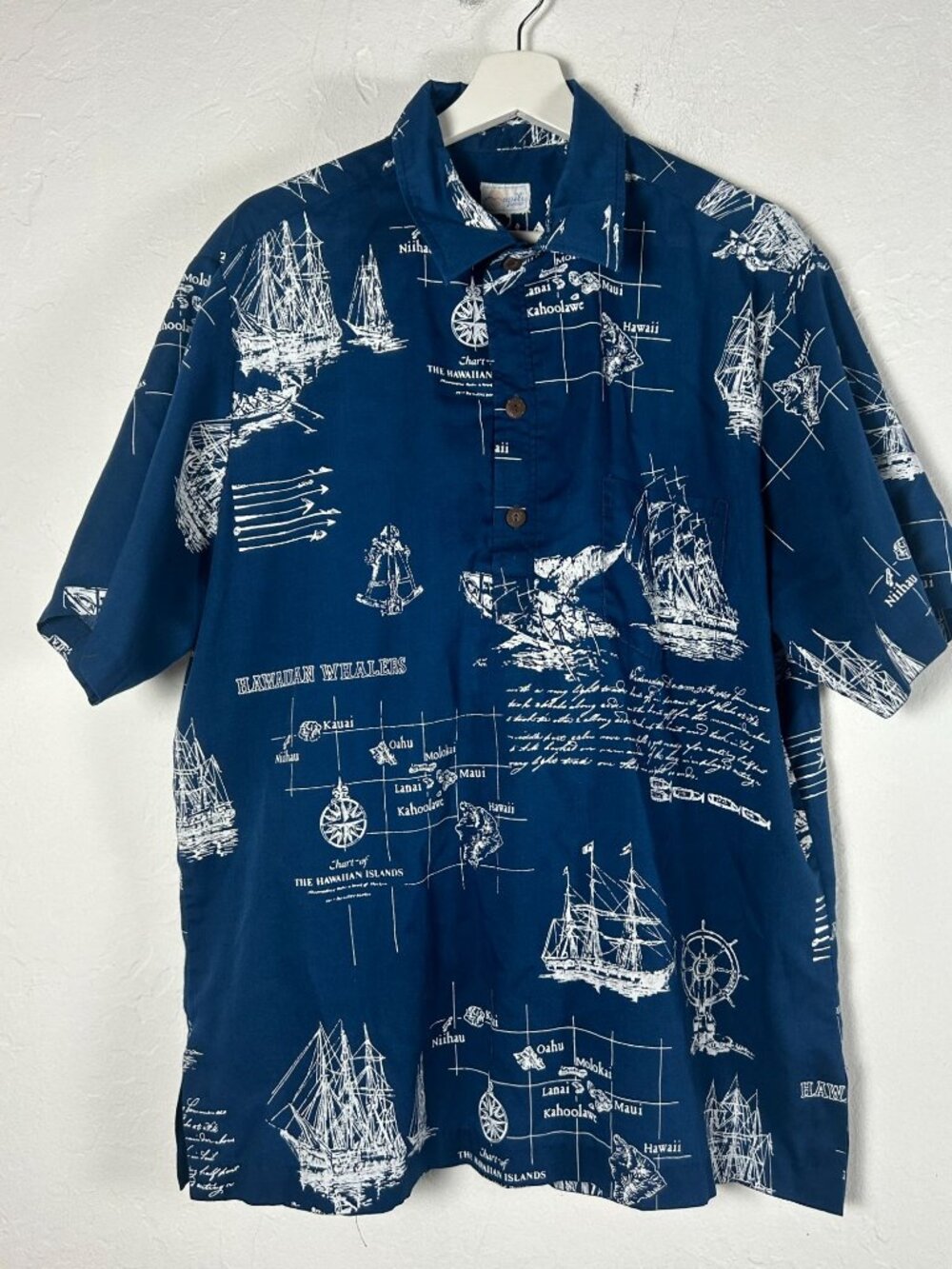 Vintage Apili Hawaiian Shirt Men's Blue Island Map Short Sleeve Button Up Casual